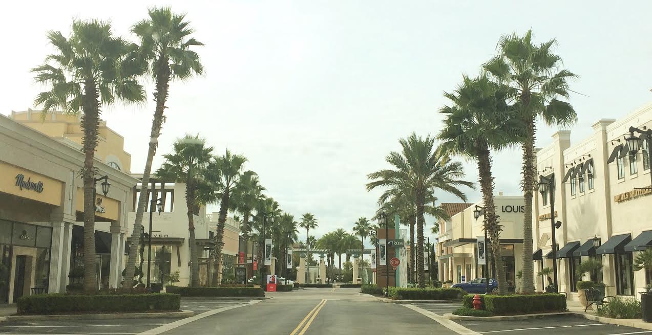 Outdoor walkways and storefronts at St. Johns Town Center in Jacksonville