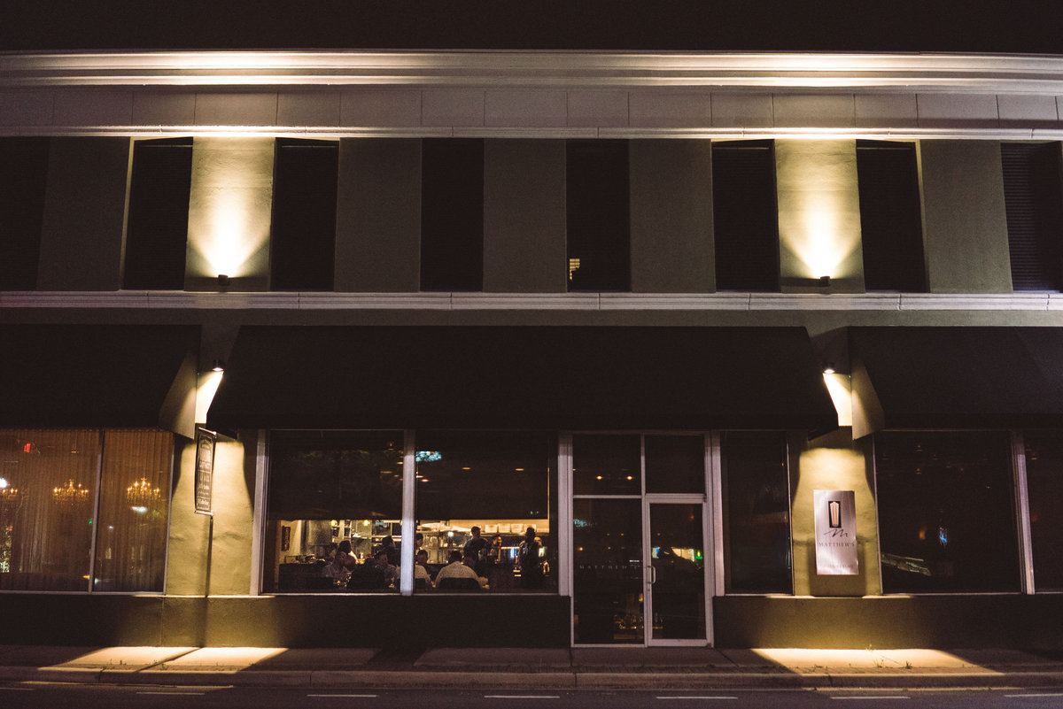 Matthew’s Restaurant exterior after dark